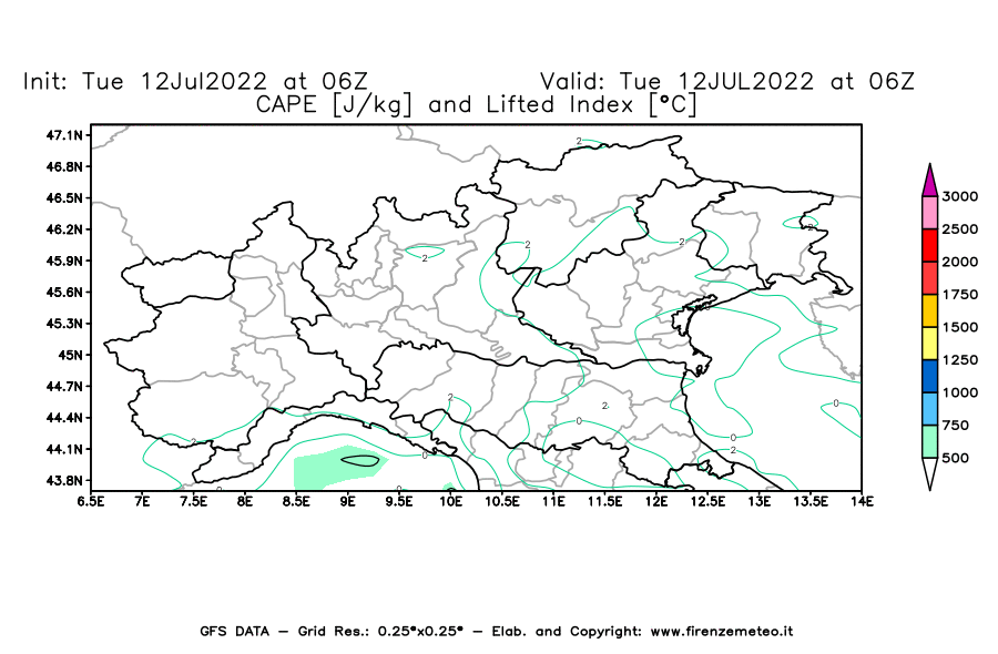 GFS analysi map - CAPE [J/kg] and Lifted Index [°C] in Northern Italy
									on 12/07/2022 06 <!--googleoff: index-->UTC<!--googleon: index-->
