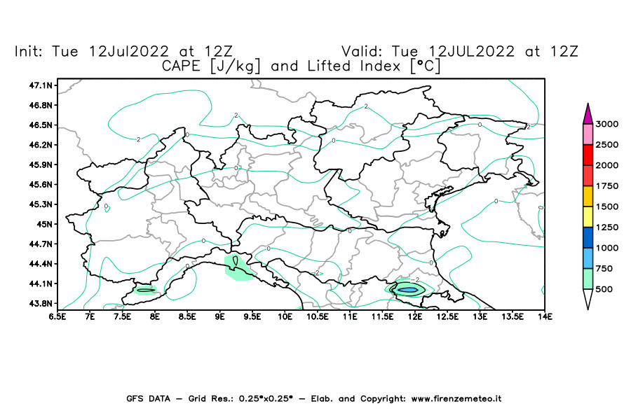 GFS analysi map - CAPE [J/kg] and Lifted Index [°C] in Northern Italy
									on 12/07/2022 12 <!--googleoff: index-->UTC<!--googleon: index-->