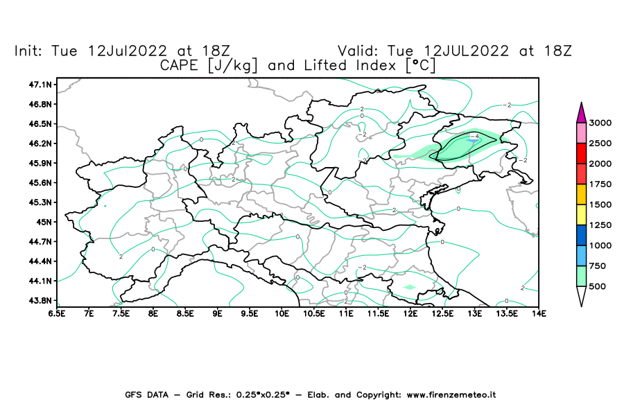 GFS analysi map - CAPE [J/kg] and Lifted Index [°C] in Northern Italy
									on 12/07/2022 18 <!--googleoff: index-->UTC<!--googleon: index-->