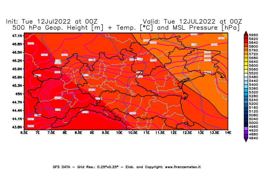GFS analysi map - Geopotential [m] + Temp. [°C] at 500 hPa + Sea Level Pressure [hPa] in Northern Italy
									on 12/07/2022 00 <!--googleoff: index-->UTC<!--googleon: index-->