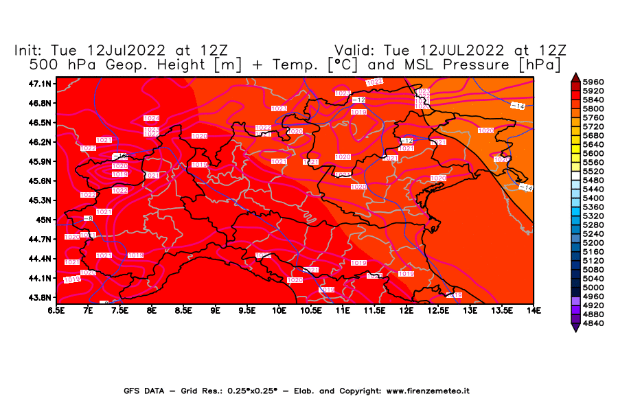 GFS analysi map - Geopotential [m] + Temp. [°C] at 500 hPa + Sea Level Pressure [hPa] in Northern Italy
									on 12/07/2022 12 <!--googleoff: index-->UTC<!--googleon: index-->