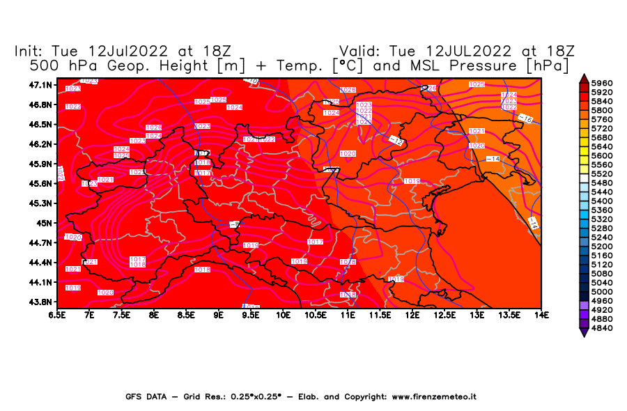 GFS analysi map - Geopotential [m] + Temp. [°C] at 500 hPa + Sea Level Pressure [hPa] in Northern Italy
									on 12/07/2022 18 <!--googleoff: index-->UTC<!--googleon: index-->