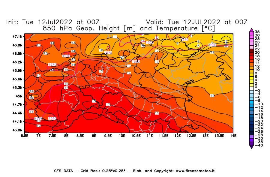 GFS analysi map - Geopotential [m] and Temperature [°C] at 850 hPa in Northern Italy
									on 12/07/2022 00 <!--googleoff: index-->UTC<!--googleon: index-->