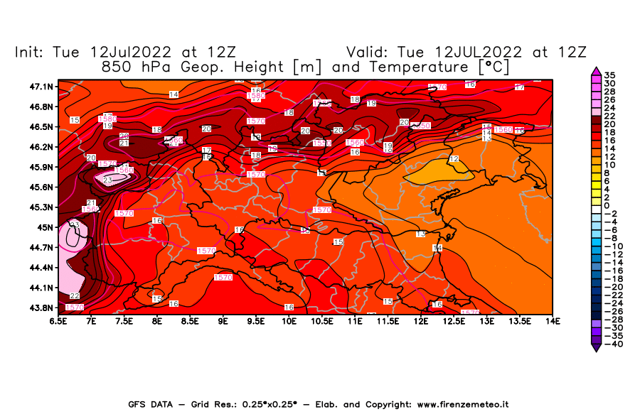 GFS analysi map - Geopotential [m] and Temperature [°C] at 850 hPa in Northern Italy
									on 12/07/2022 12 <!--googleoff: index-->UTC<!--googleon: index-->