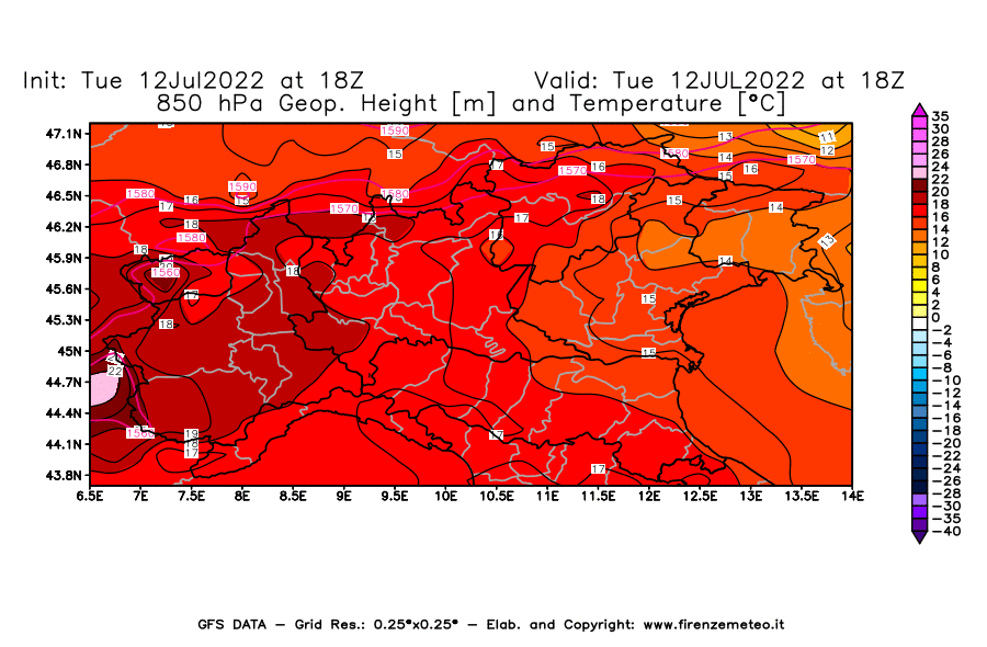GFS analysi map - Geopotential [m] and Temperature [°C] at 850 hPa in Northern Italy
									on 12/07/2022 18 <!--googleoff: index-->UTC<!--googleon: index-->