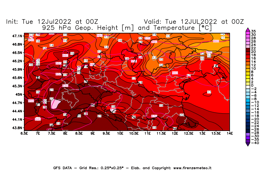 GFS analysi map - Geopotential [m] and Temperature [°C] at 925 hPa in Northern Italy
									on 12/07/2022 00 <!--googleoff: index-->UTC<!--googleon: index-->