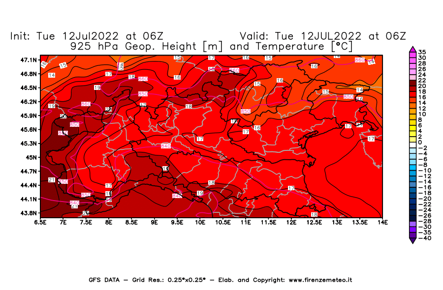 GFS analysi map - Geopotential [m] and Temperature [°C] at 925 hPa in Northern Italy
									on 12/07/2022 06 <!--googleoff: index-->UTC<!--googleon: index-->