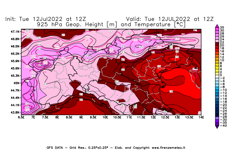 GFS analysi map - Geopotential [m] and Temperature [°C] at 925 hPa in Northern Italy
									on 12/07/2022 12 <!--googleoff: index-->UTC<!--googleon: index-->