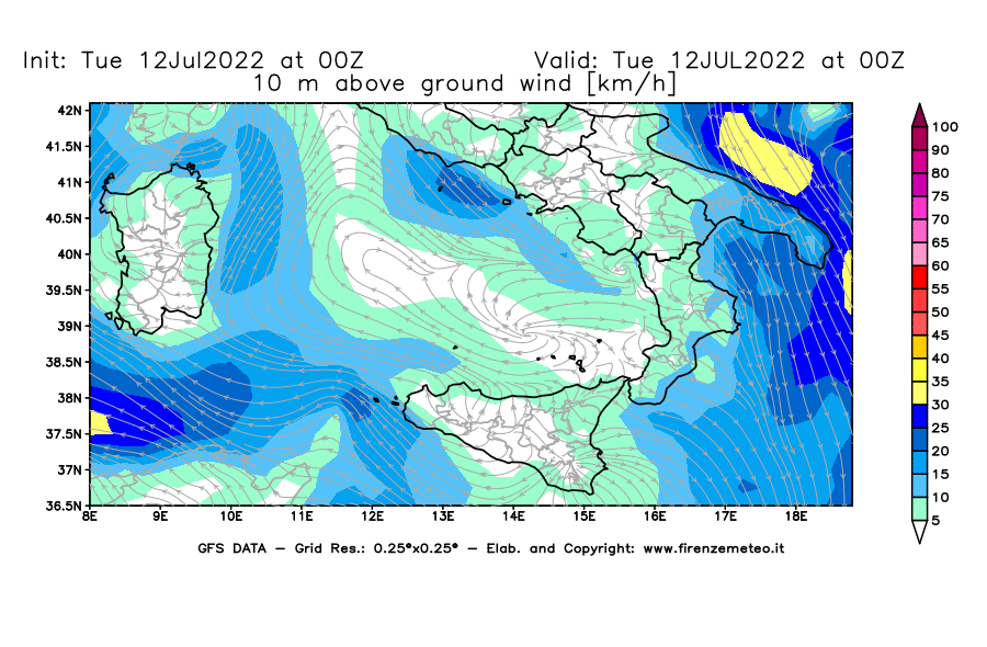 GFS analysi map - Wind Speed at 10 m above ground [km/h] in Southern Italy
									on 12/07/2022 00 <!--googleoff: index-->UTC<!--googleon: index-->