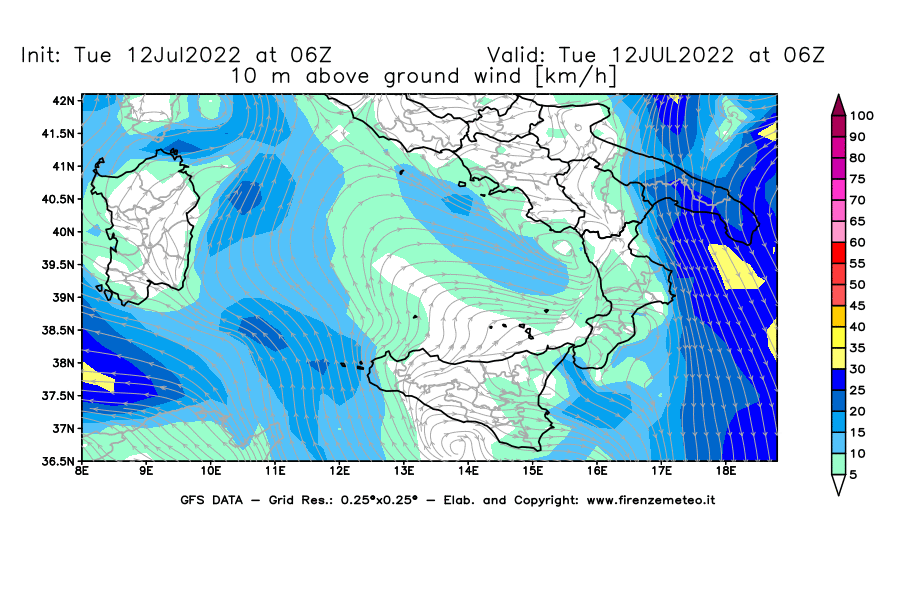 GFS analysi map - Wind Speed at 10 m above ground [km/h] in Southern Italy
									on 12/07/2022 06 <!--googleoff: index-->UTC<!--googleon: index-->