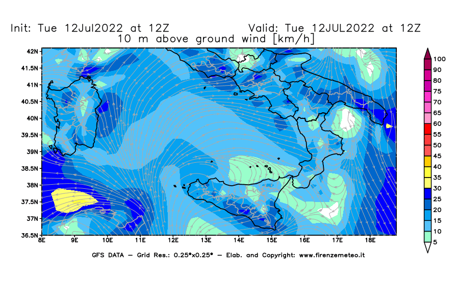 GFS analysi map - Wind Speed at 10 m above ground [km/h] in Southern Italy
									on 12/07/2022 12 <!--googleoff: index-->UTC<!--googleon: index-->