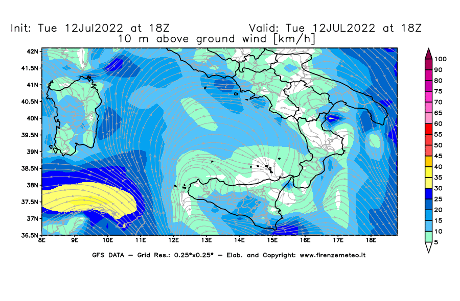 GFS analysi map - Wind Speed at 10 m above ground [km/h] in Southern Italy
									on 12/07/2022 18 <!--googleoff: index-->UTC<!--googleon: index-->