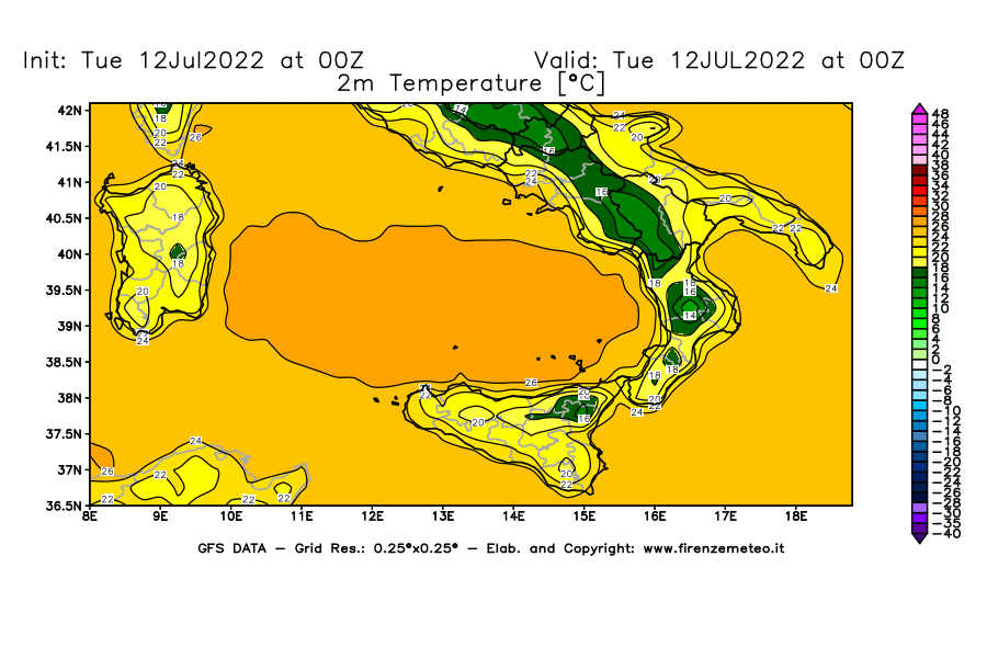 GFS analysi map - Temperature at 2 m above ground [°C] in Southern Italy
									on 12/07/2022 00 <!--googleoff: index-->UTC<!--googleon: index-->