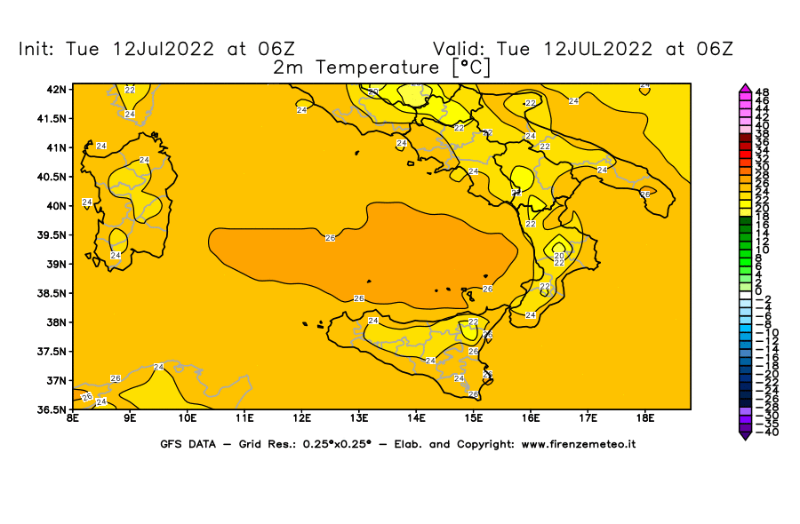 GFS analysi map - Temperature at 2 m above ground [°C] in Southern Italy
									on 12/07/2022 06 <!--googleoff: index-->UTC<!--googleon: index-->
