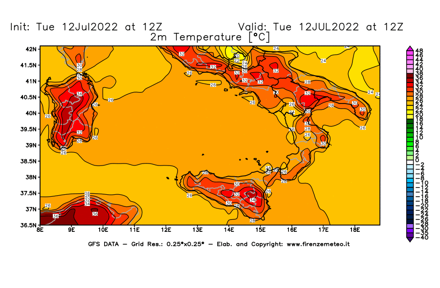 GFS analysi map - Temperature at 2 m above ground [°C] in Southern Italy
									on 12/07/2022 12 <!--googleoff: index-->UTC<!--googleon: index-->