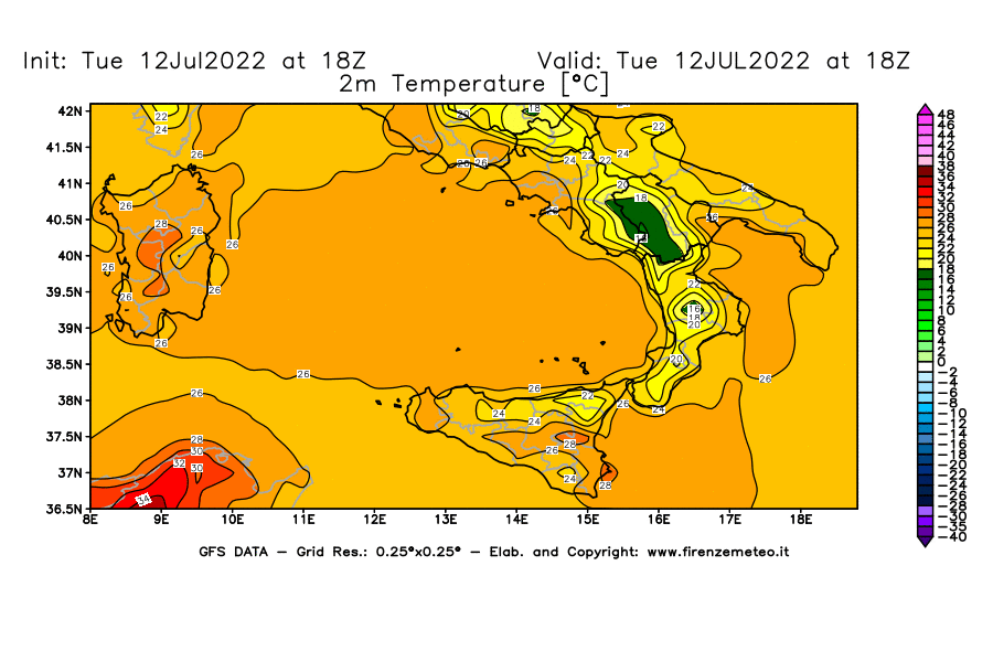 GFS analysi map - Temperature at 2 m above ground [°C] in Southern Italy
									on 12/07/2022 18 <!--googleoff: index-->UTC<!--googleon: index-->