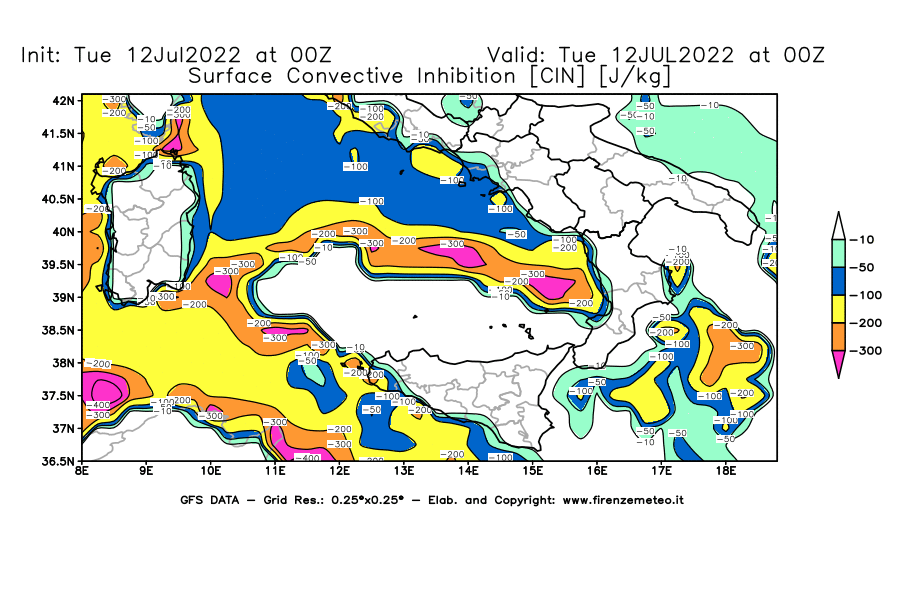 GFS analysi map - CIN [J/kg] in Southern Italy
									on 12/07/2022 00 <!--googleoff: index-->UTC<!--googleon: index-->