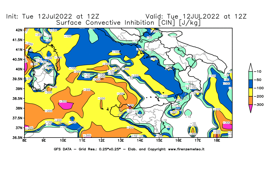 GFS analysi map - CIN [J/kg] in Southern Italy
									on 12/07/2022 12 <!--googleoff: index-->UTC<!--googleon: index-->