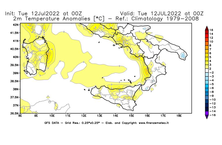 GFS analysi map - Temperature Anomalies [°C] at 2 m in Southern Italy
									on 12/07/2022 00 <!--googleoff: index-->UTC<!--googleon: index-->