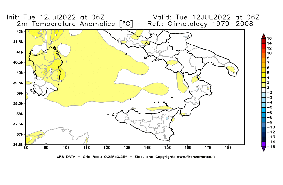 GFS analysi map - Temperature Anomalies [°C] at 2 m in Southern Italy
									on 12/07/2022 06 <!--googleoff: index-->UTC<!--googleon: index-->