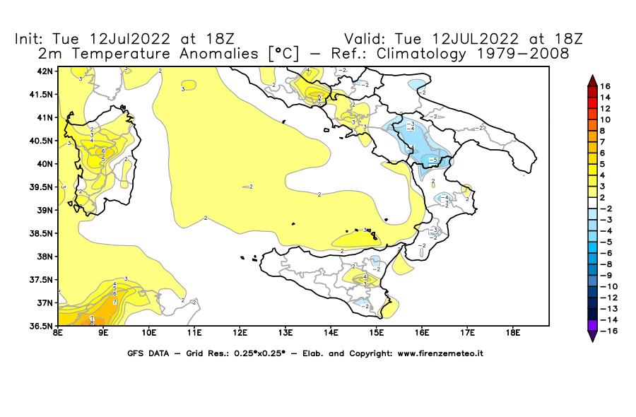 GFS analysi map - Temperature Anomalies [°C] at 2 m in Southern Italy
									on 12/07/2022 18 <!--googleoff: index-->UTC<!--googleon: index-->