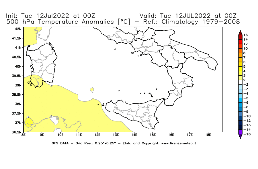 GFS analysi map - Temperature Anomalies [°C] at 500 hPa in Southern Italy
									on 12/07/2022 00 <!--googleoff: index-->UTC<!--googleon: index-->