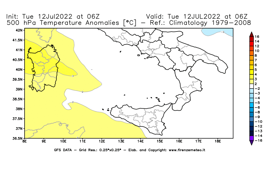 GFS analysi map - Temperature Anomalies [°C] at 500 hPa in Southern Italy
									on 12/07/2022 06 <!--googleoff: index-->UTC<!--googleon: index-->
