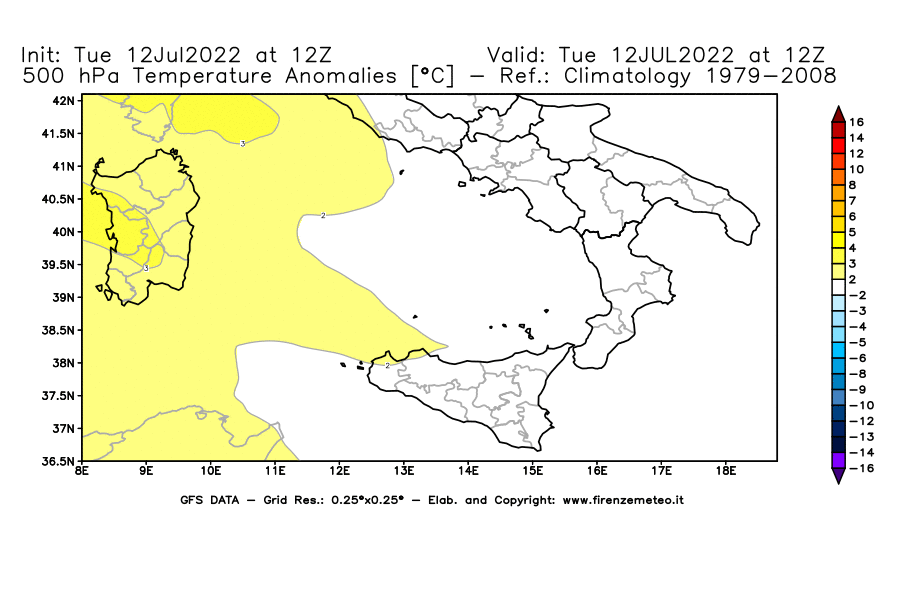 GFS analysi map - Temperature Anomalies [°C] at 500 hPa in Southern Italy
									on 12/07/2022 12 <!--googleoff: index-->UTC<!--googleon: index-->