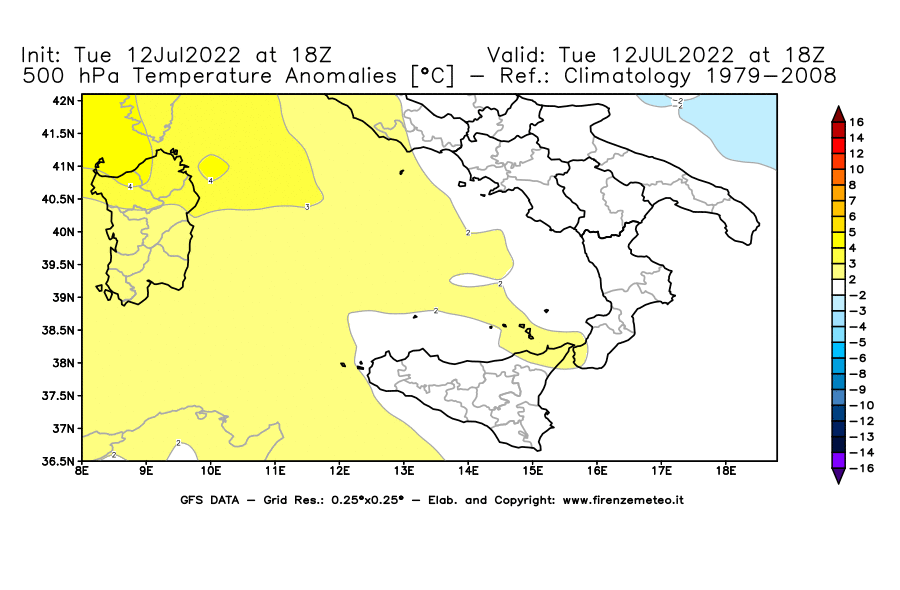 GFS analysi map - Temperature Anomalies [°C] at 500 hPa in Southern Italy
									on 12/07/2022 18 <!--googleoff: index-->UTC<!--googleon: index-->
