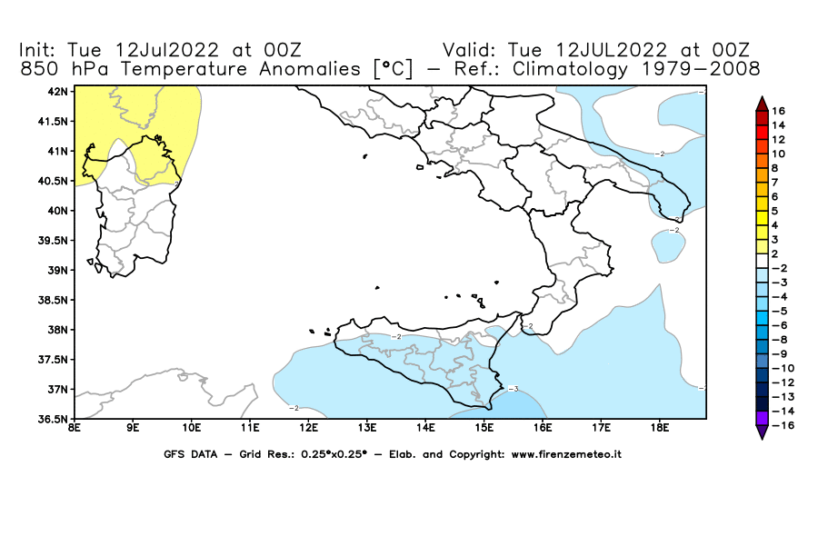 GFS analysi map - Temperature Anomalies [°C] at 850 hPa in Southern Italy
									on 12/07/2022 00 <!--googleoff: index-->UTC<!--googleon: index-->