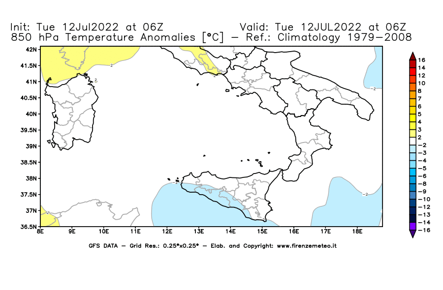 GFS analysi map - Temperature Anomalies [°C] at 850 hPa in Southern Italy
									on 12/07/2022 06 <!--googleoff: index-->UTC<!--googleon: index-->