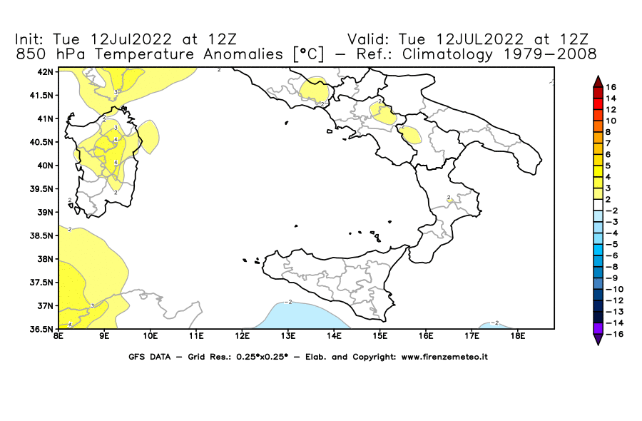 GFS analysi map - Temperature Anomalies [°C] at 850 hPa in Southern Italy
									on 12/07/2022 12 <!--googleoff: index-->UTC<!--googleon: index-->
