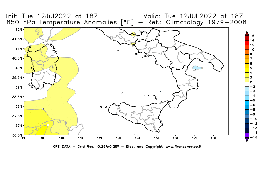 GFS analysi map - Temperature Anomalies [°C] at 850 hPa in Southern Italy
									on 12/07/2022 18 <!--googleoff: index-->UTC<!--googleon: index-->