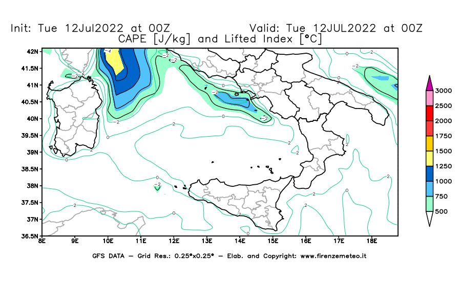 GFS analysi map - CAPE [J/kg] and Lifted Index [°C] in Southern Italy
									on 12/07/2022 00 <!--googleoff: index-->UTC<!--googleon: index-->