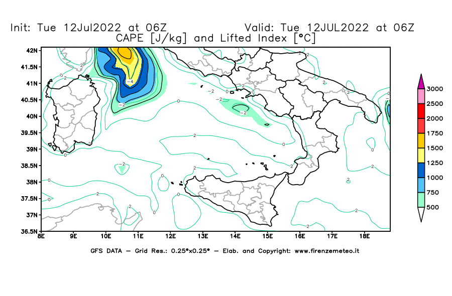 GFS analysi map - CAPE [J/kg] and Lifted Index [°C] in Southern Italy
									on 12/07/2022 06 <!--googleoff: index-->UTC<!--googleon: index-->