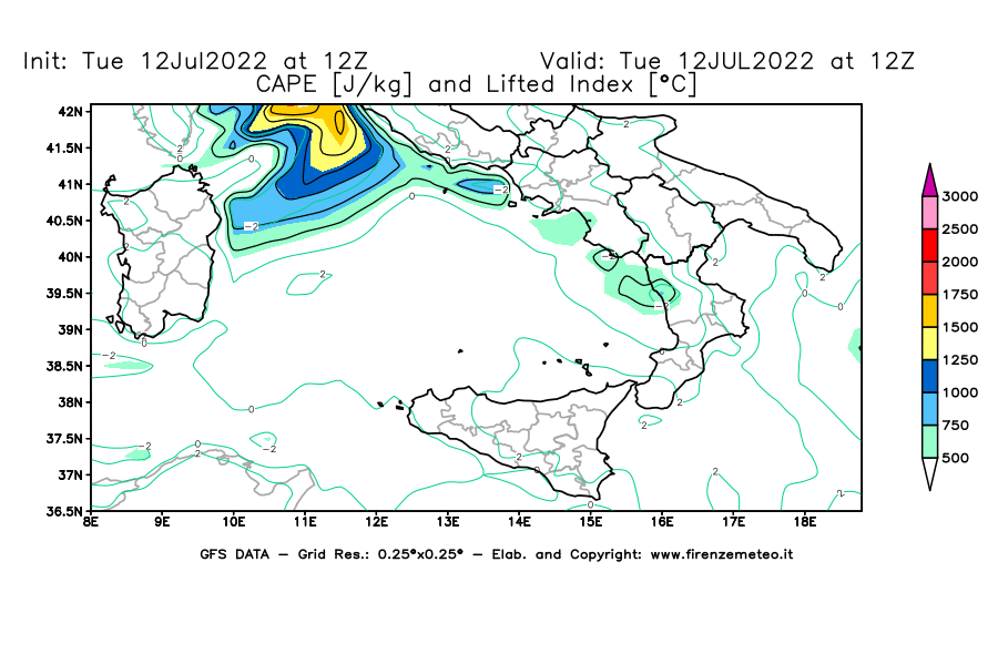 GFS analysi map - CAPE [J/kg] and Lifted Index [°C] in Southern Italy
									on 12/07/2022 12 <!--googleoff: index-->UTC<!--googleon: index-->