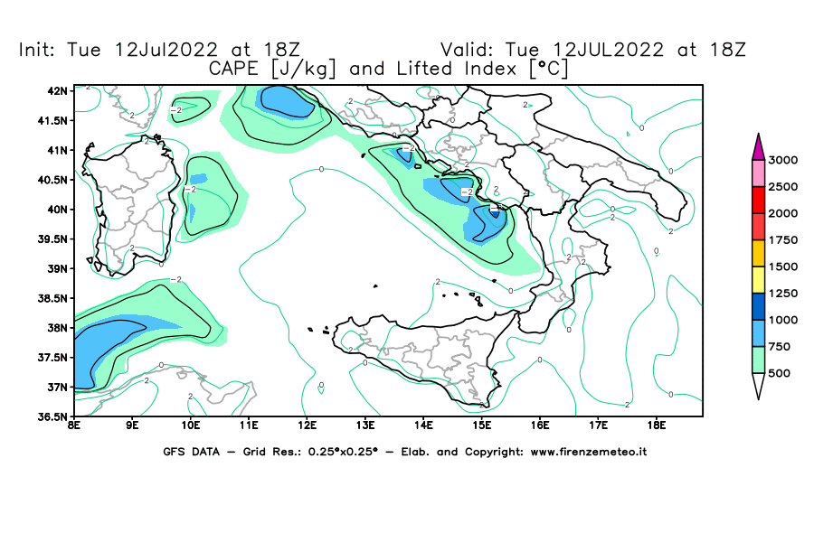 GFS analysi map - CAPE [J/kg] and Lifted Index [°C] in Southern Italy
									on 12/07/2022 18 <!--googleoff: index-->UTC<!--googleon: index-->
