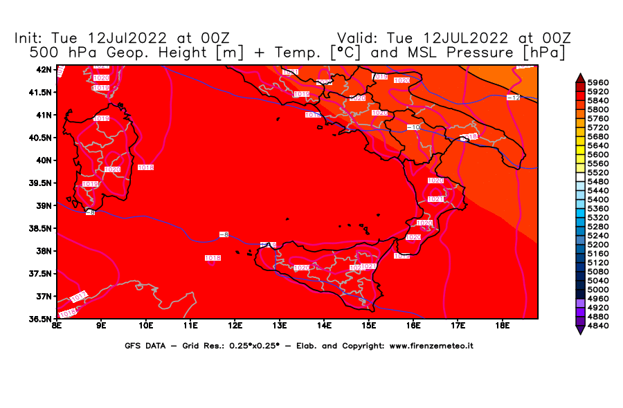 GFS analysi map - Geopotential [m] + Temp. [°C] at 500 hPa + Sea Level Pressure [hPa] in Southern Italy
									on 12/07/2022 00 <!--googleoff: index-->UTC<!--googleon: index-->