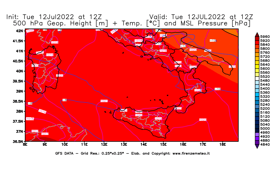 GFS analysi map - Geopotential [m] + Temp. [°C] at 500 hPa + Sea Level Pressure [hPa] in Southern Italy
									on 12/07/2022 12 <!--googleoff: index-->UTC<!--googleon: index-->