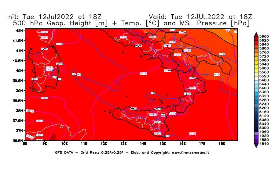 GFS analysi map - Geopotential [m] + Temp. [°C] at 500 hPa + Sea Level Pressure [hPa] in Southern Italy
									on 12/07/2022 18 <!--googleoff: index-->UTC<!--googleon: index-->