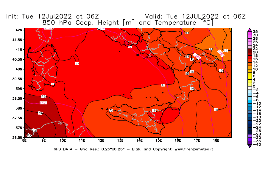 GFS analysi map - Geopotential [m] and Temperature [°C] at 850 hPa in Southern Italy
									on 12/07/2022 06 <!--googleoff: index-->UTC<!--googleon: index-->