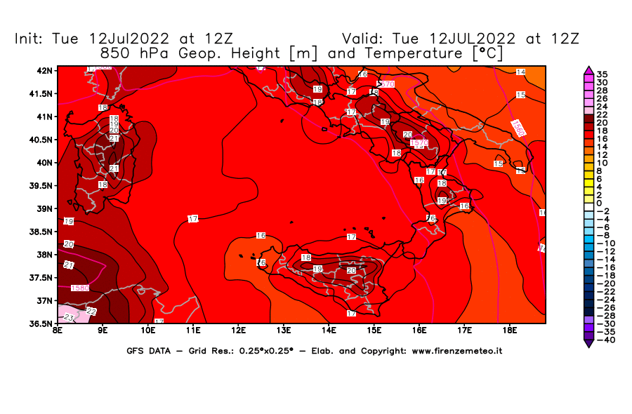 GFS analysi map - Geopotential [m] and Temperature [°C] at 850 hPa in Southern Italy
									on 12/07/2022 12 <!--googleoff: index-->UTC<!--googleon: index-->