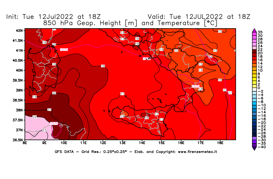 GFS analysi map - Geopotential [m] and Temperature [°C] at 850 hPa in Southern Italy
									on 12/07/2022 18 <!--googleoff: index-->UTC<!--googleon: index-->