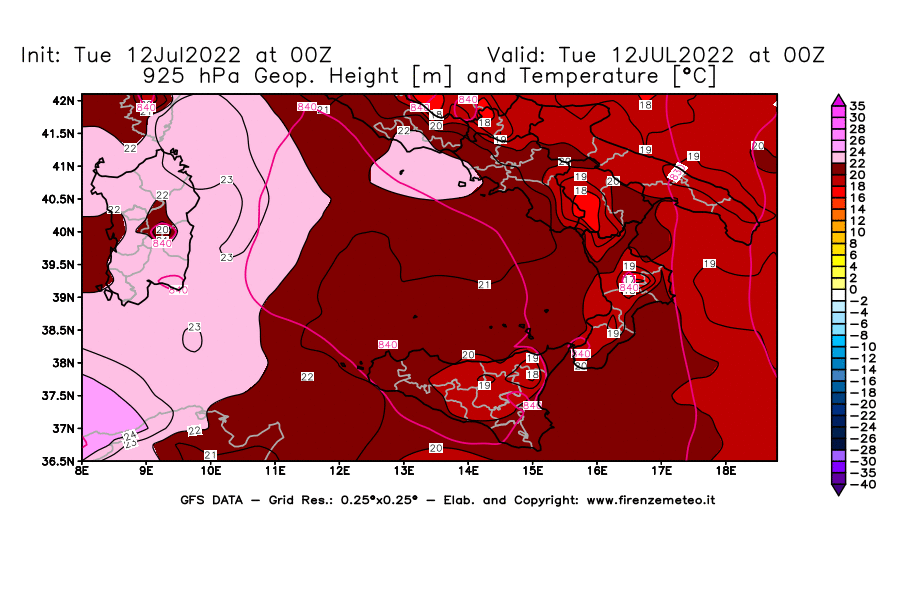 GFS analysi map - Geopotential [m] and Temperature [°C] at 925 hPa in Southern Italy
									on 12/07/2022 00 <!--googleoff: index-->UTC<!--googleon: index-->