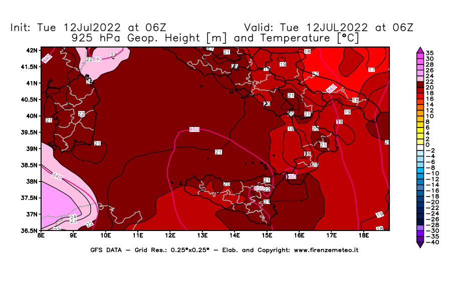GFS analysi map - Geopotential [m] and Temperature [°C] at 925 hPa in Southern Italy
									on 12/07/2022 06 <!--googleoff: index-->UTC<!--googleon: index-->