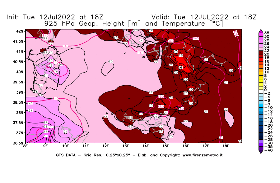 GFS analysi map - Geopotential [m] and Temperature [°C] at 925 hPa in Southern Italy
									on 12/07/2022 18 <!--googleoff: index-->UTC<!--googleon: index-->