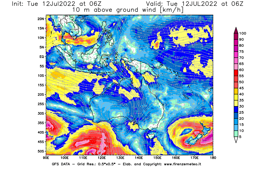 GFS analysi map - Wind Speed at 10 m above ground [km/h] in Oceania
									on 12/07/2022 06 <!--googleoff: index-->UTC<!--googleon: index-->