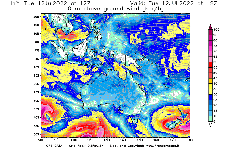 GFS analysi map - Wind Speed at 10 m above ground [km/h] in Oceania
									on 12/07/2022 12 <!--googleoff: index-->UTC<!--googleon: index-->