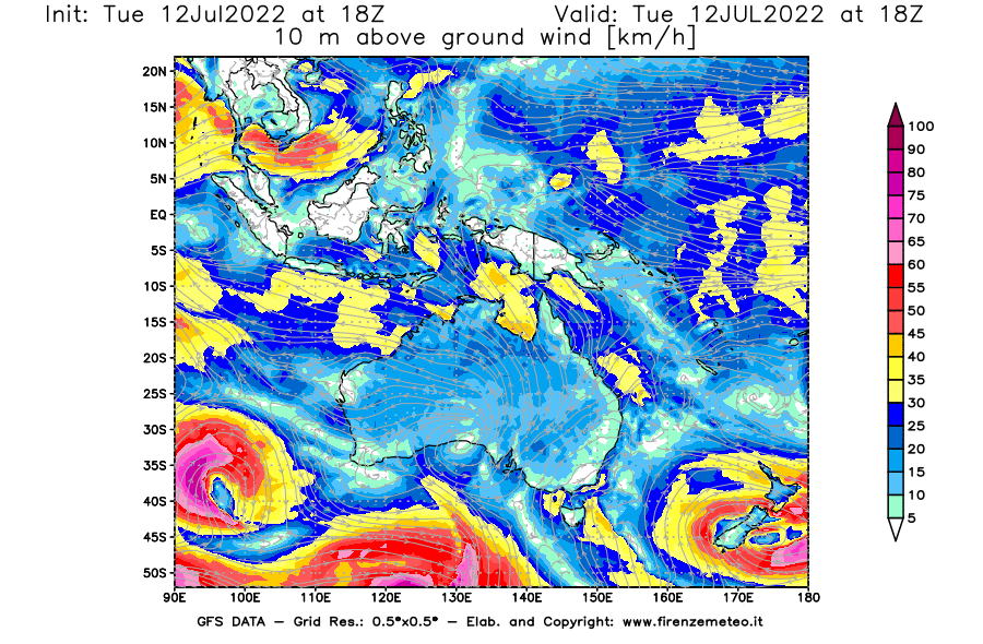 GFS analysi map - Wind Speed at 10 m above ground [km/h] in Oceania
									on 12/07/2022 18 <!--googleoff: index-->UTC<!--googleon: index-->