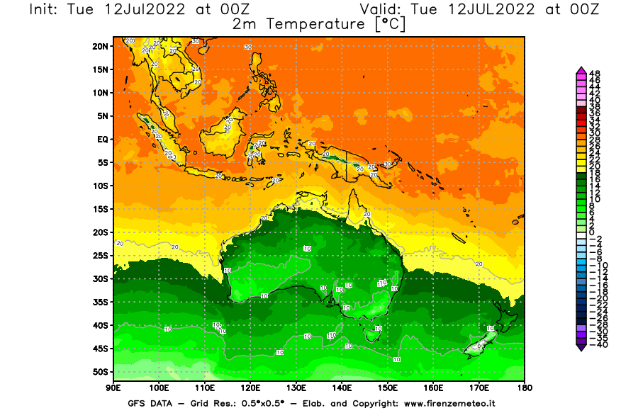 GFS analysi map - Temperature at 2 m above ground [°C] in Oceania
									on 12/07/2022 00 <!--googleoff: index-->UTC<!--googleon: index-->